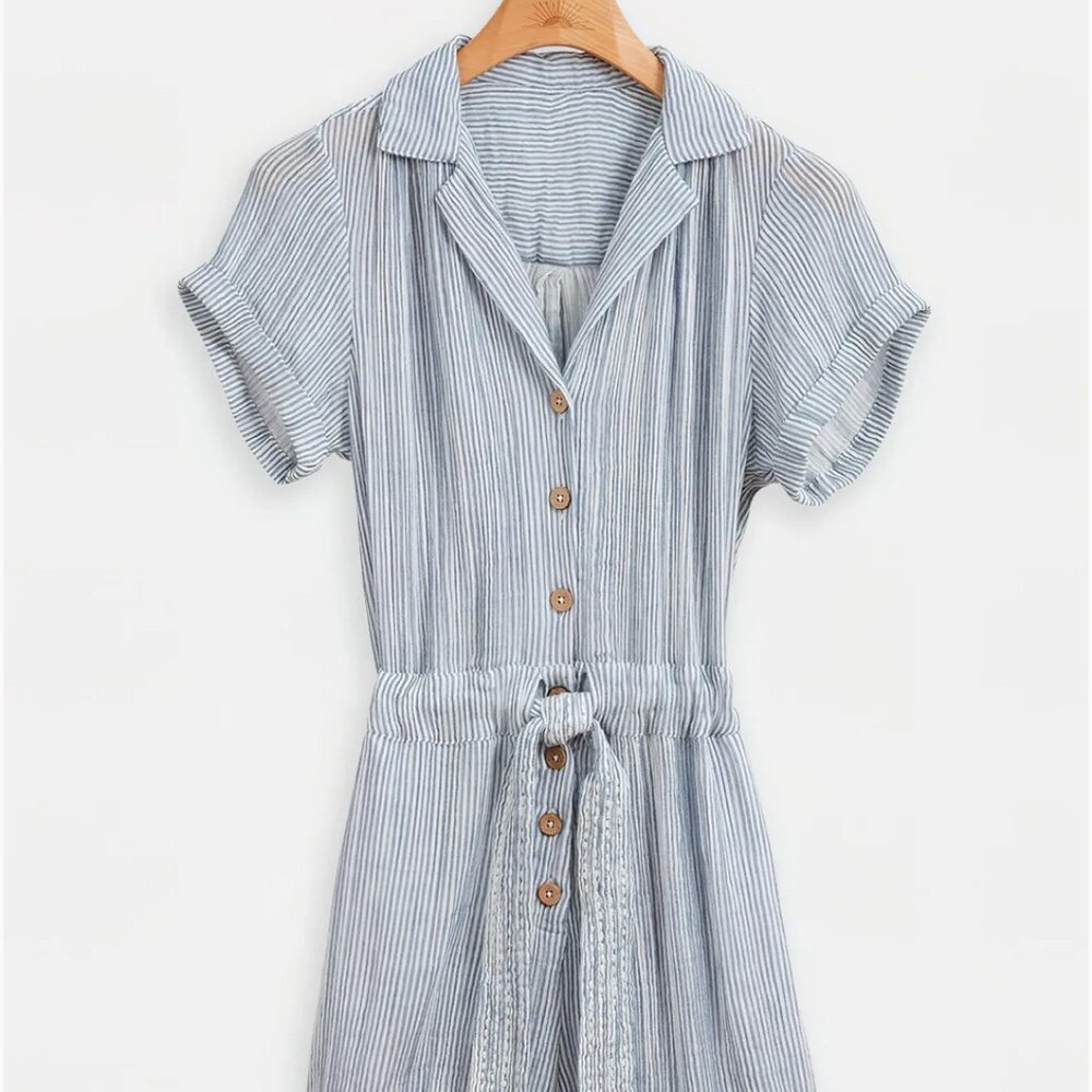 Faherty Light Blue & White Striped Short-Sleeve Button Jumpsuit